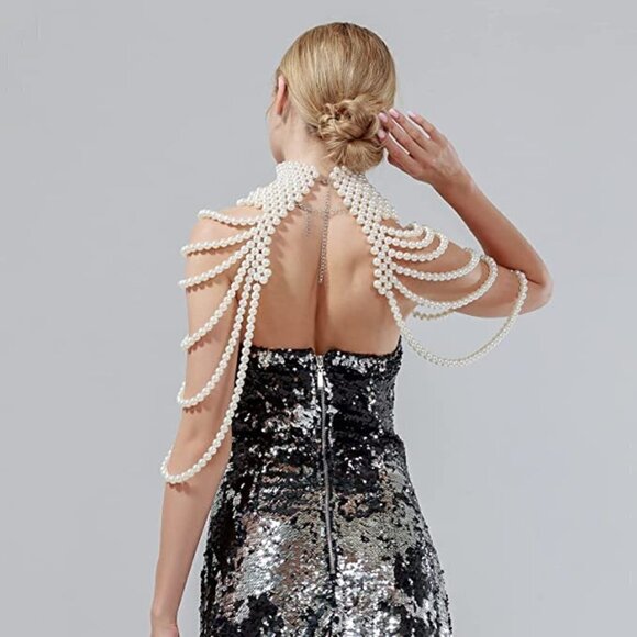 𝅺WHITE Pearl Body Chain Sexy Bra Fashion Shoulder Necklaces Harness Jewelry Sexy - Picture 6 of 7